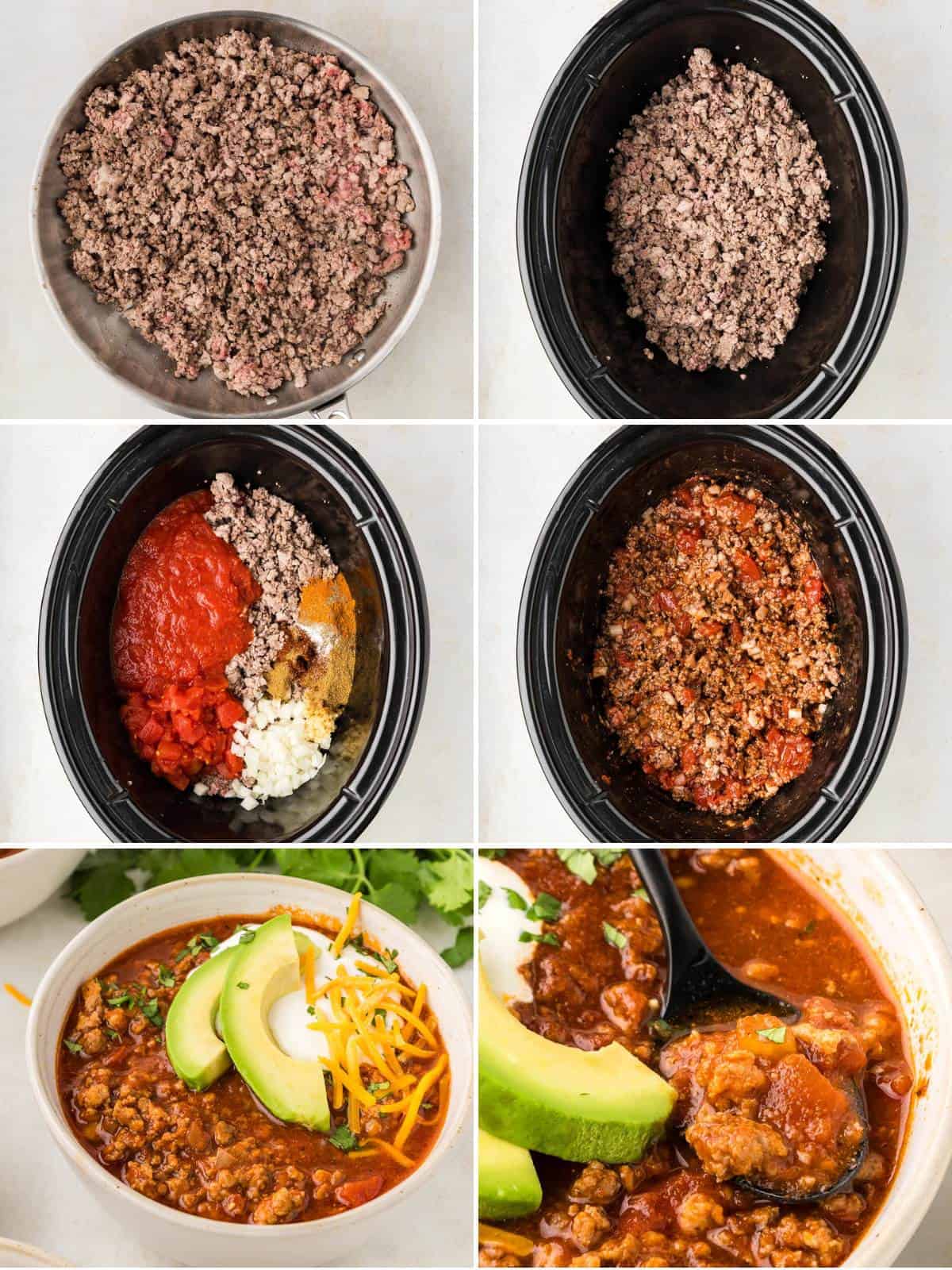 Collage of 6 images showing how to make keto chili in a slow cooker.