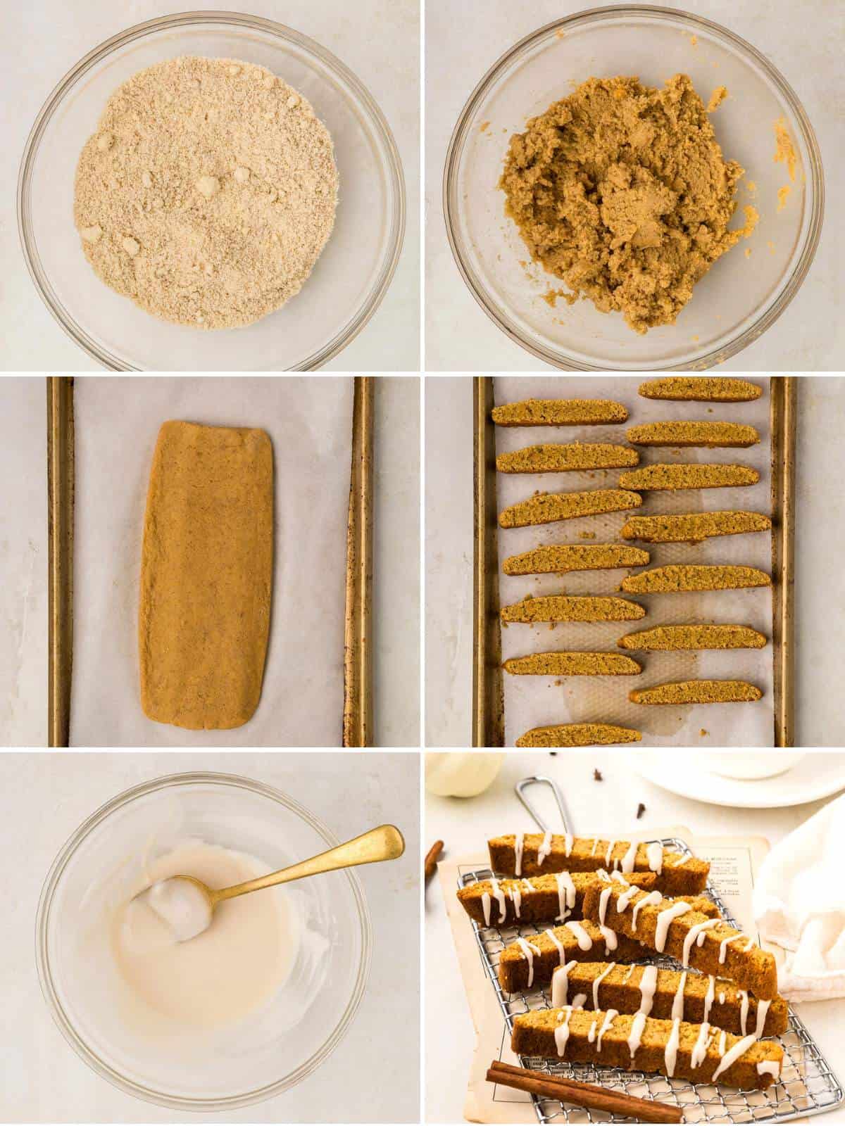 A collage of 6 images showing how to make Keto Pumpkin Biscotti.