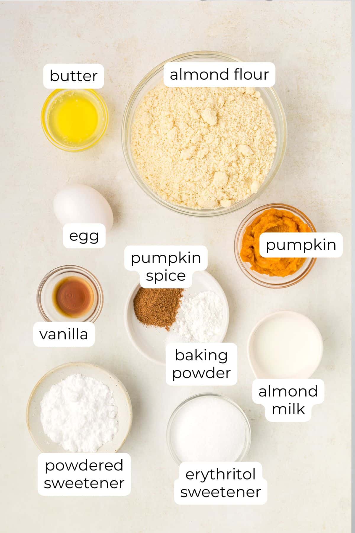 Top down image of ingredients needed for Keto Pumpkin Biscotti.