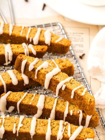 Close up shot of Keto Pumpkin Biscotti on a cooking rack.