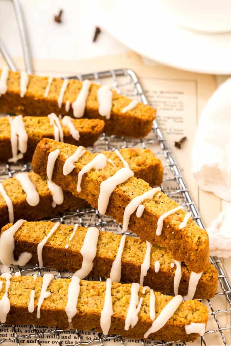 Close up shot of Keto Pumpkin Biscotti on a cooking rack.