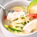 Titled image of a bowl of healthy Thai Chicken Soup made with zucchini noodles.