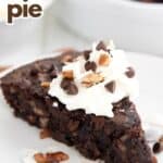 Titled Pinterest image of a slice of Keto German Chocolate Pie on a white plate.