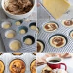 A collage of 6 images showing the steps for making keto cinnamon protein muffins.