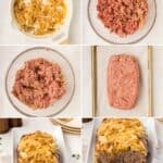 A collage of 6 images showing how to make French Onion Meatloaf.