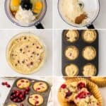 A collage of 6 images showing the steps for making keto cranberry muffins.