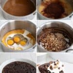 A collage of 6 images showing the steps for making Keto German Chocolate Pie.