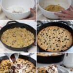 A collage of 6 images showing the steps for making Keto Chocolate Chip Skillet Cookie.