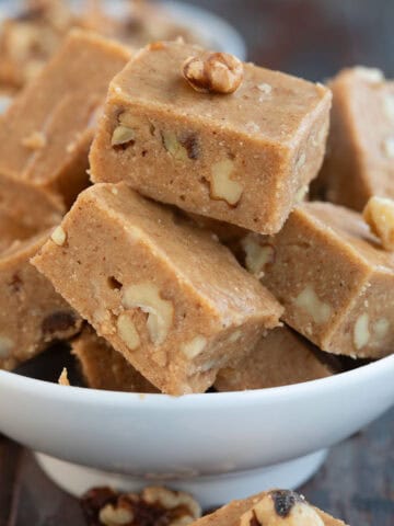 Close up shot of Keto Maple Walnut Fuge in a white bowl.