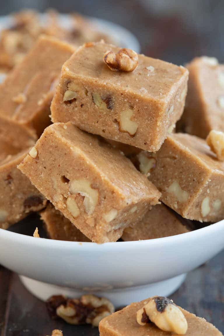 Close up shot of Keto Maple Walnut Fuge in a white bowl.