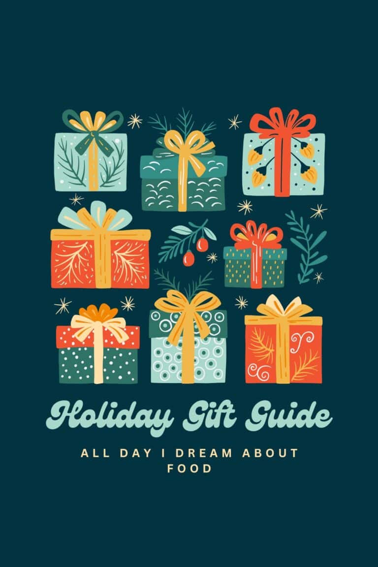 Graphic of colorful presents on a dark blue background with the title Holiday Gift Guide.