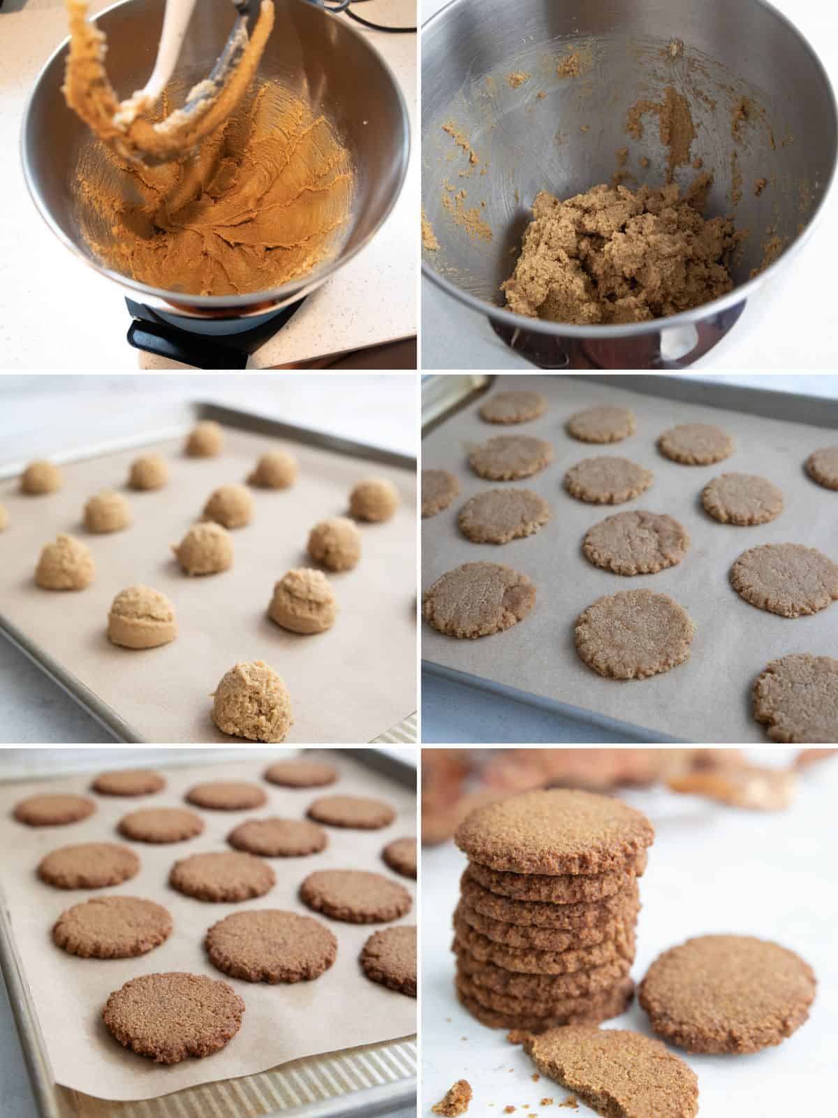 A collage of 6 images showing the steps for making Keto Gingersnap Cookies.