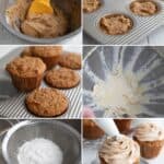 A collage of 6 images showing how to make Keto Spice Cake Cupcakes.