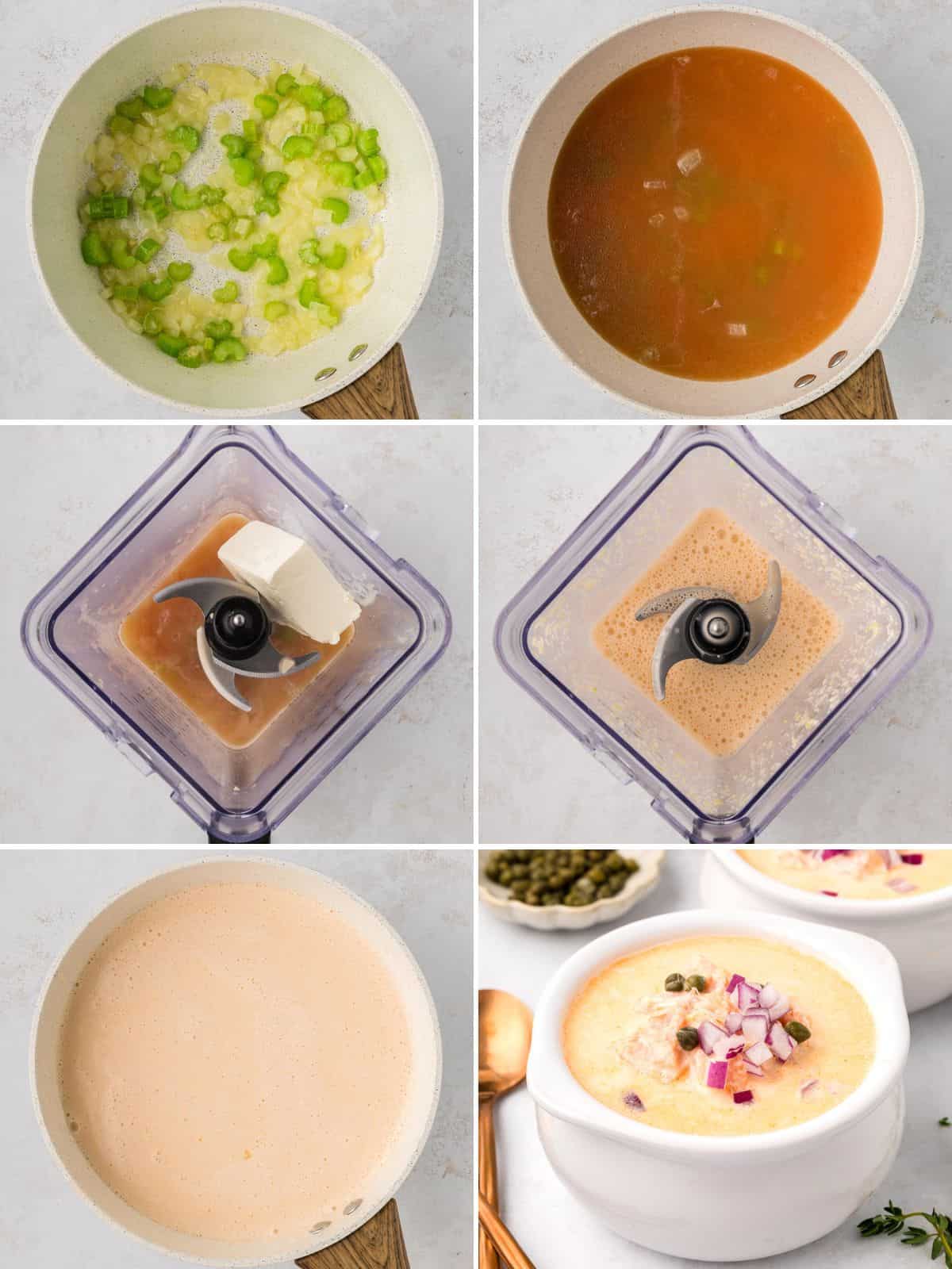 A collage of 6 images showing how to make Smoked Salmon Chowder.