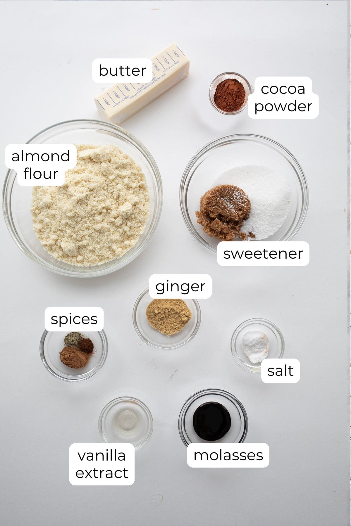 Top down image of ingredients for Keto Gingersnap Cookies.