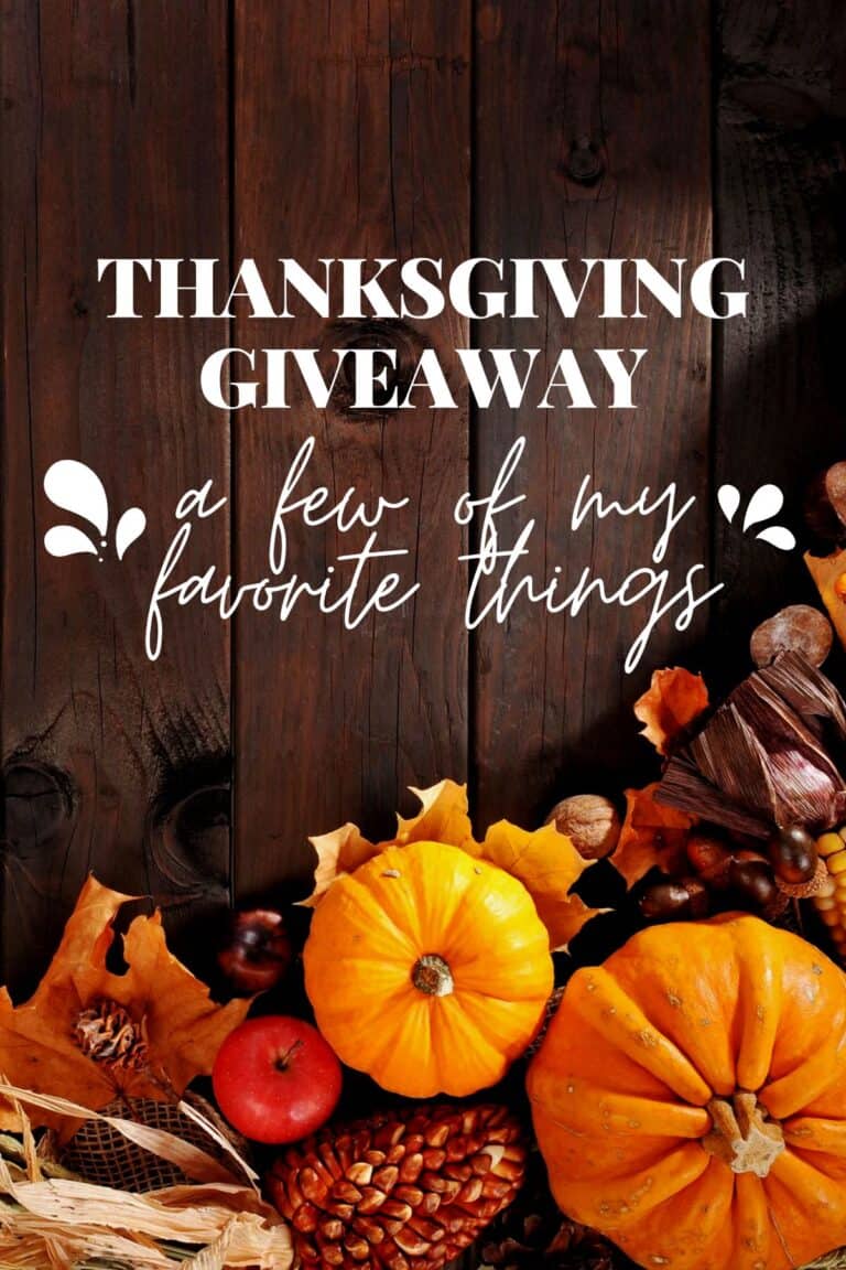 Graphic of pumpkins and leaves on a wooden table with title "Thanksgiving Giveaway".