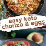 Two photo Pinterest collage of chorizo and eggs.