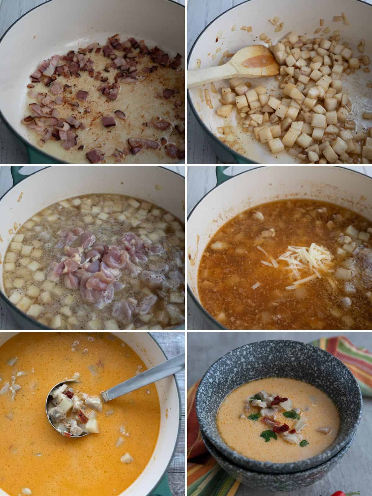 A collage of 6 images showing how to make Chipotle Chicken Chowder.