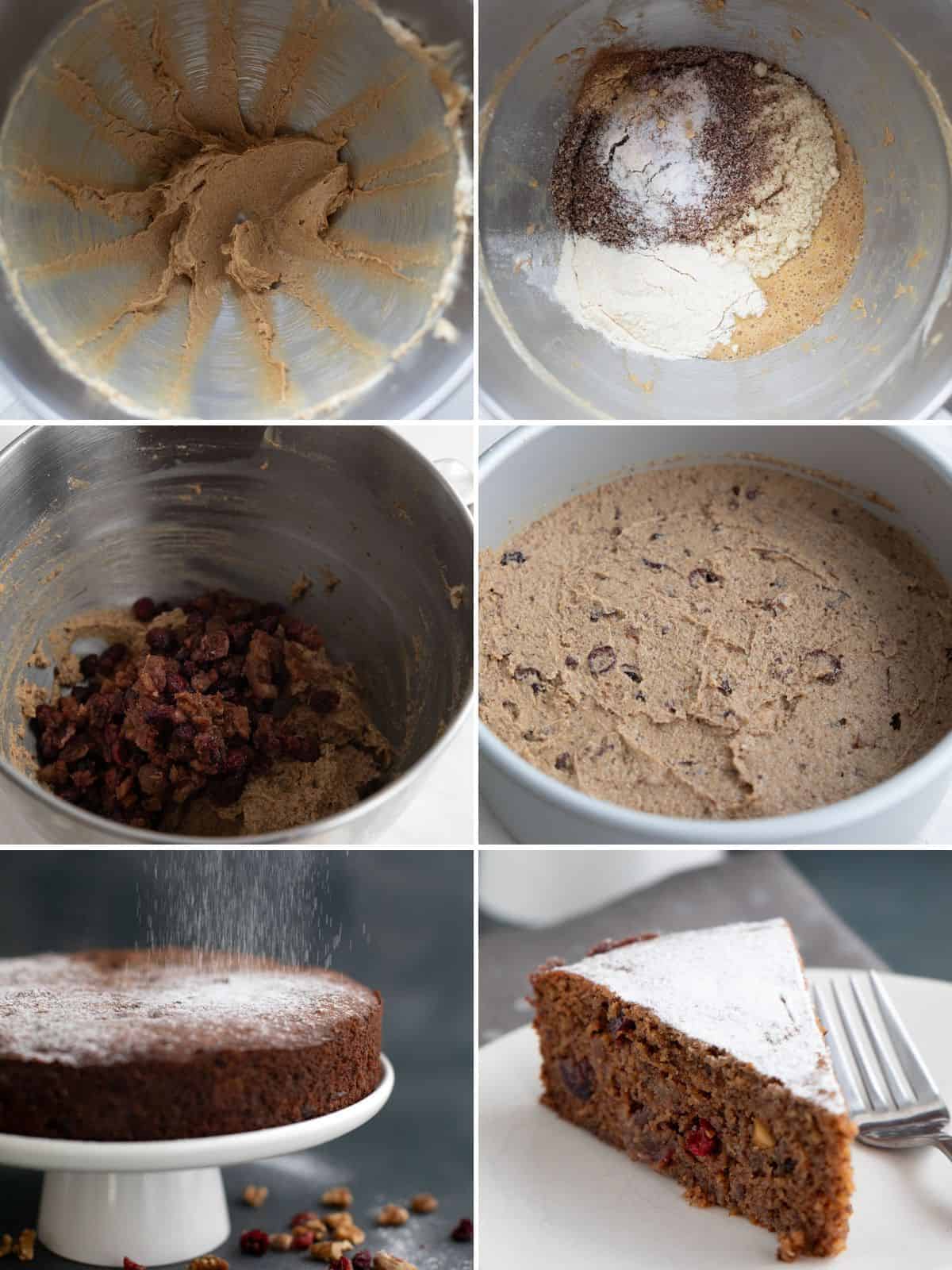 A collage of 6 images showing how to make Keto Fruitcake.