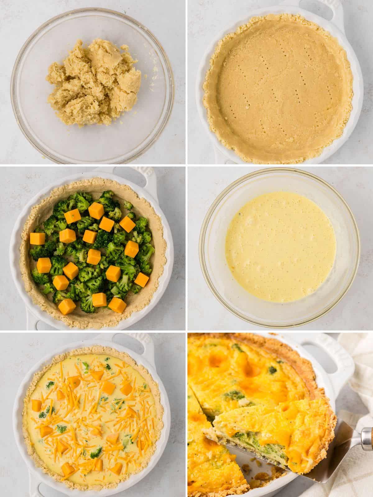 A collage of 6 images showing how to make Keto Quiche.