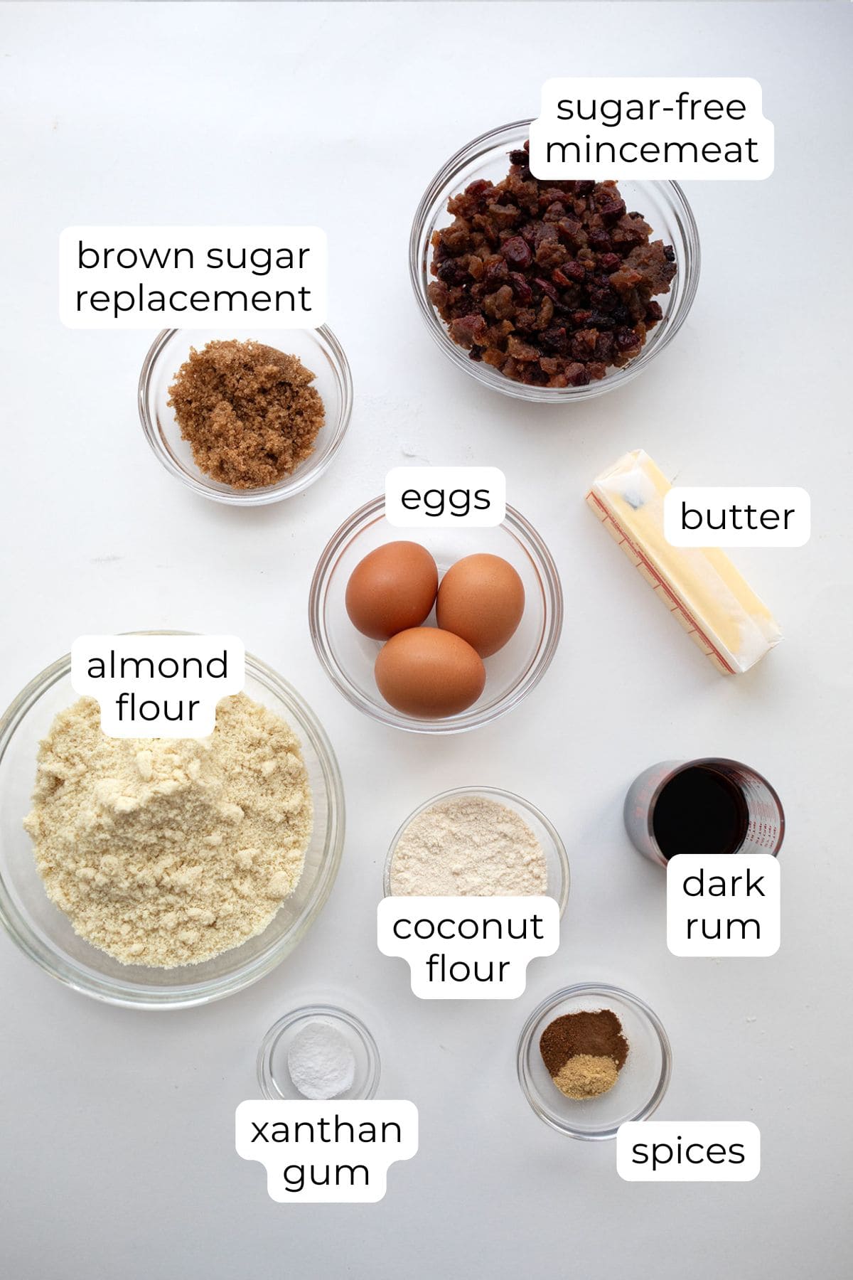 Top down image of ingredients needed for Keto Fruit Cake