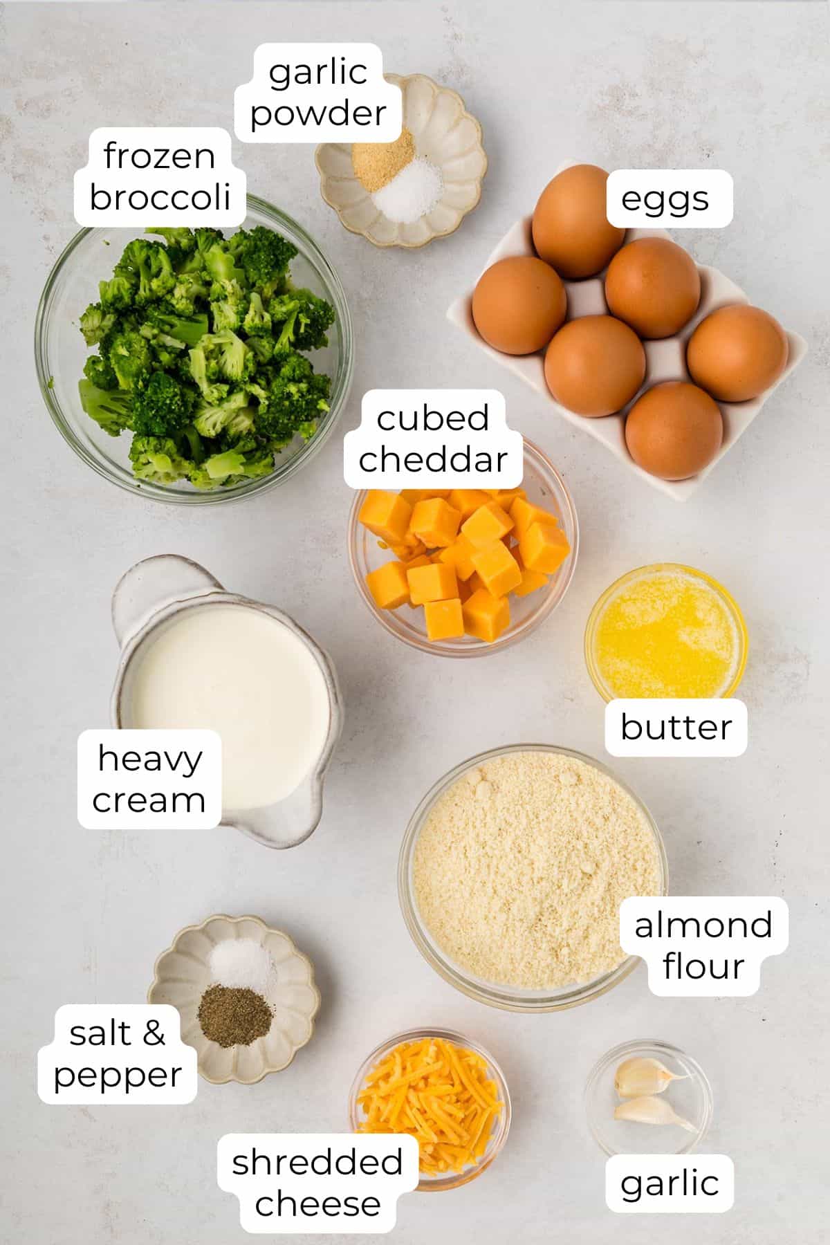 Top down image of ingredients needed for Keto Broccoli Cheese Quiche.