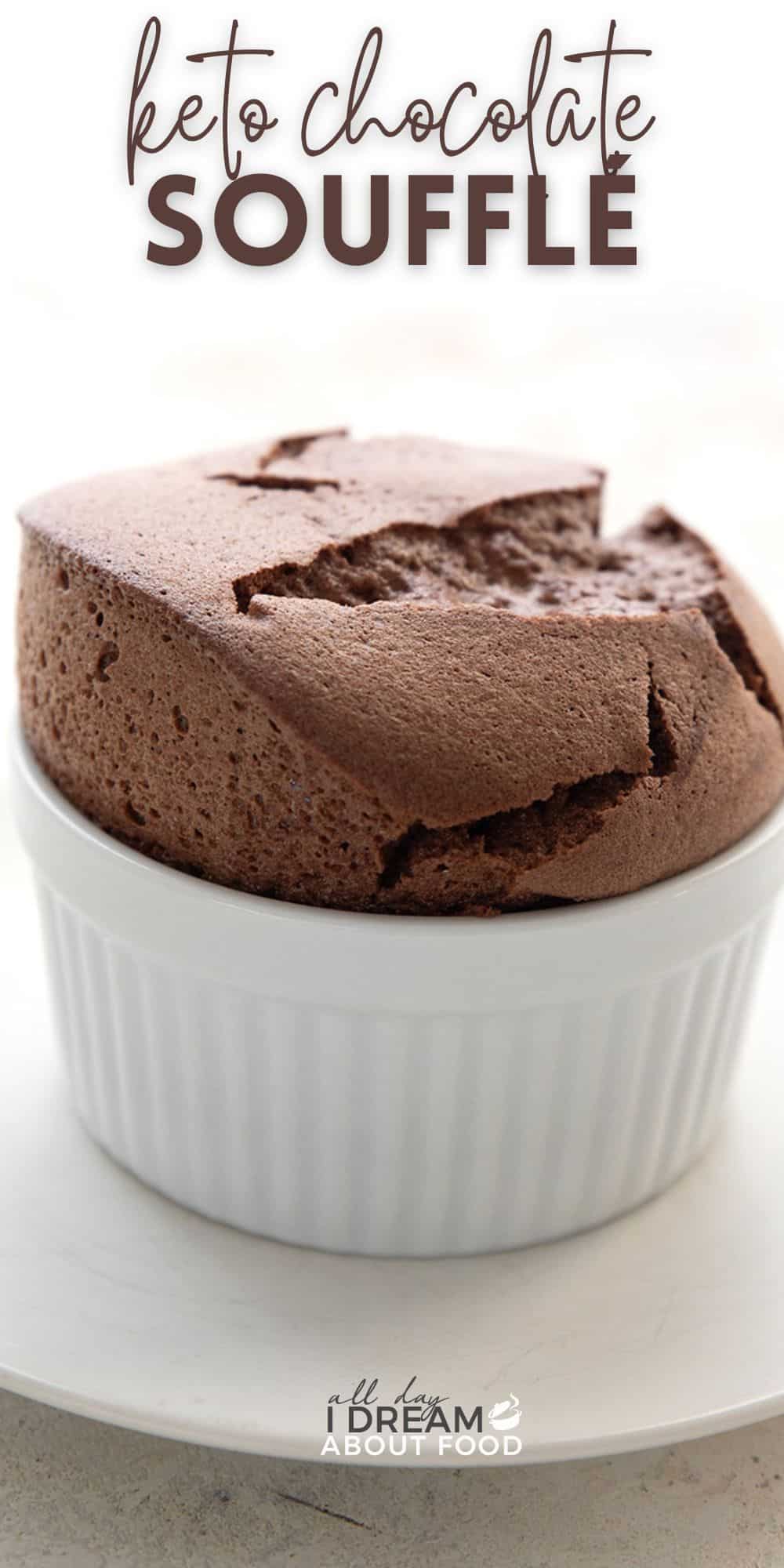 Titled image of a tall keto chocolate soufflé in a white ramekin on a white plate.