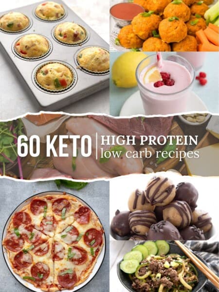 A collage of images showing low carb high protein recipes with the title in the center.