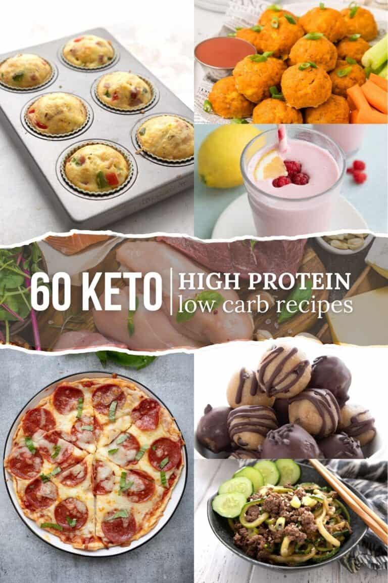 A collage of images showing low carb high protein recipes with the title in the center.