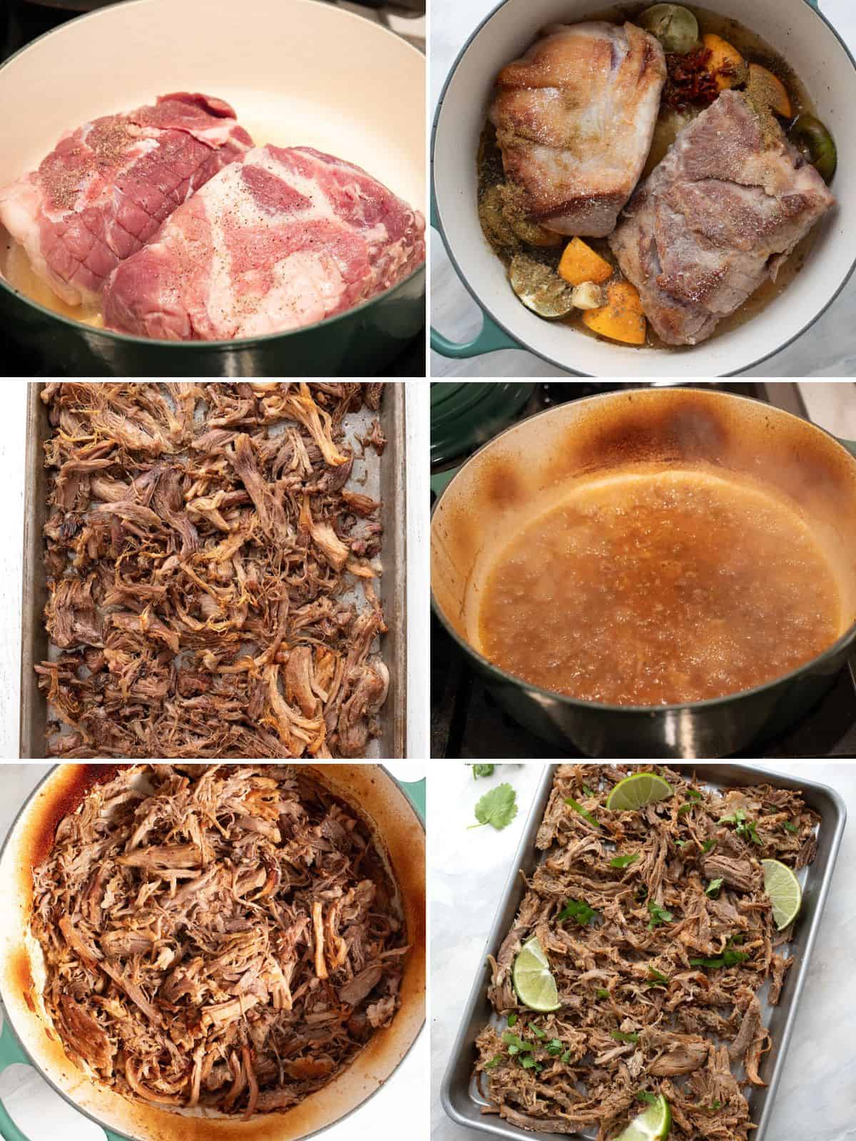 A collage of 6 images showing how to make Keto Carnitas.