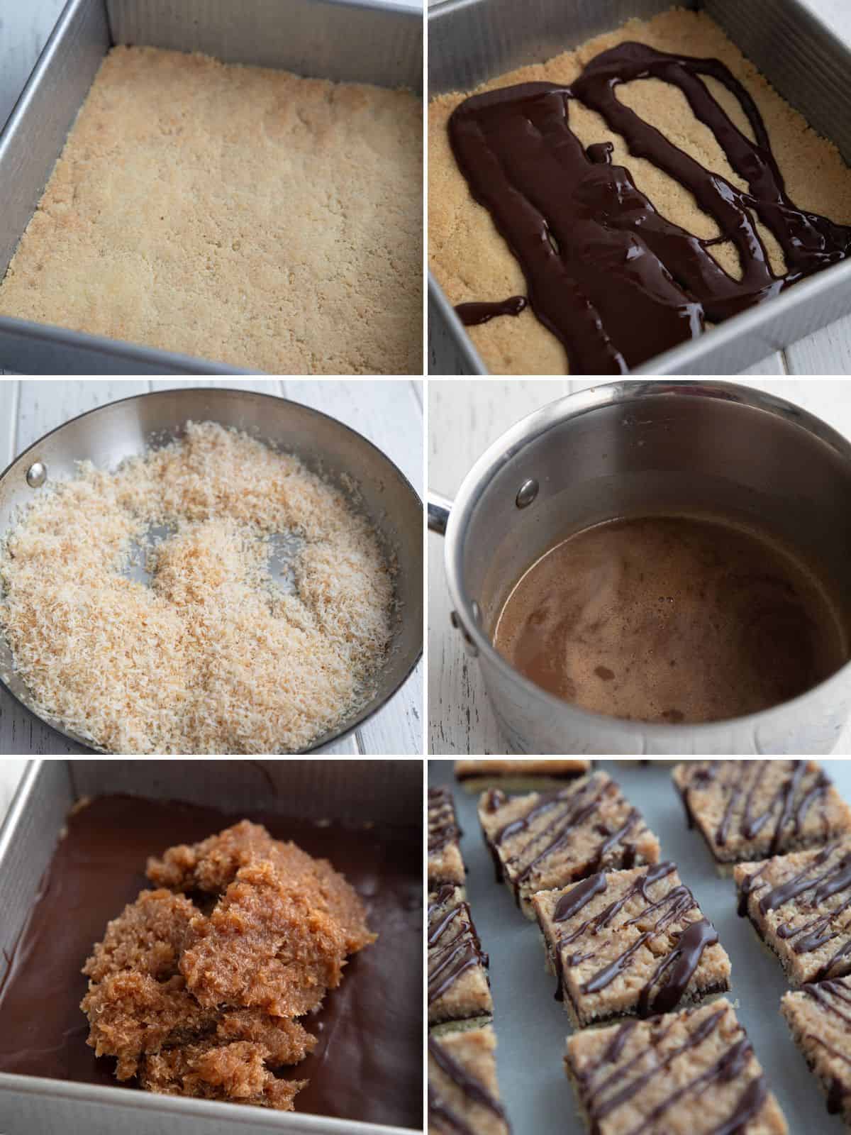 A collage of 6 images showing the steps for making Keto Samoa Cookie Bars.