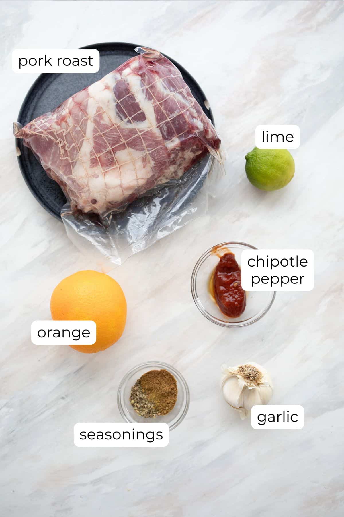 Top down image of ingredients needed for Keto Carnitas.