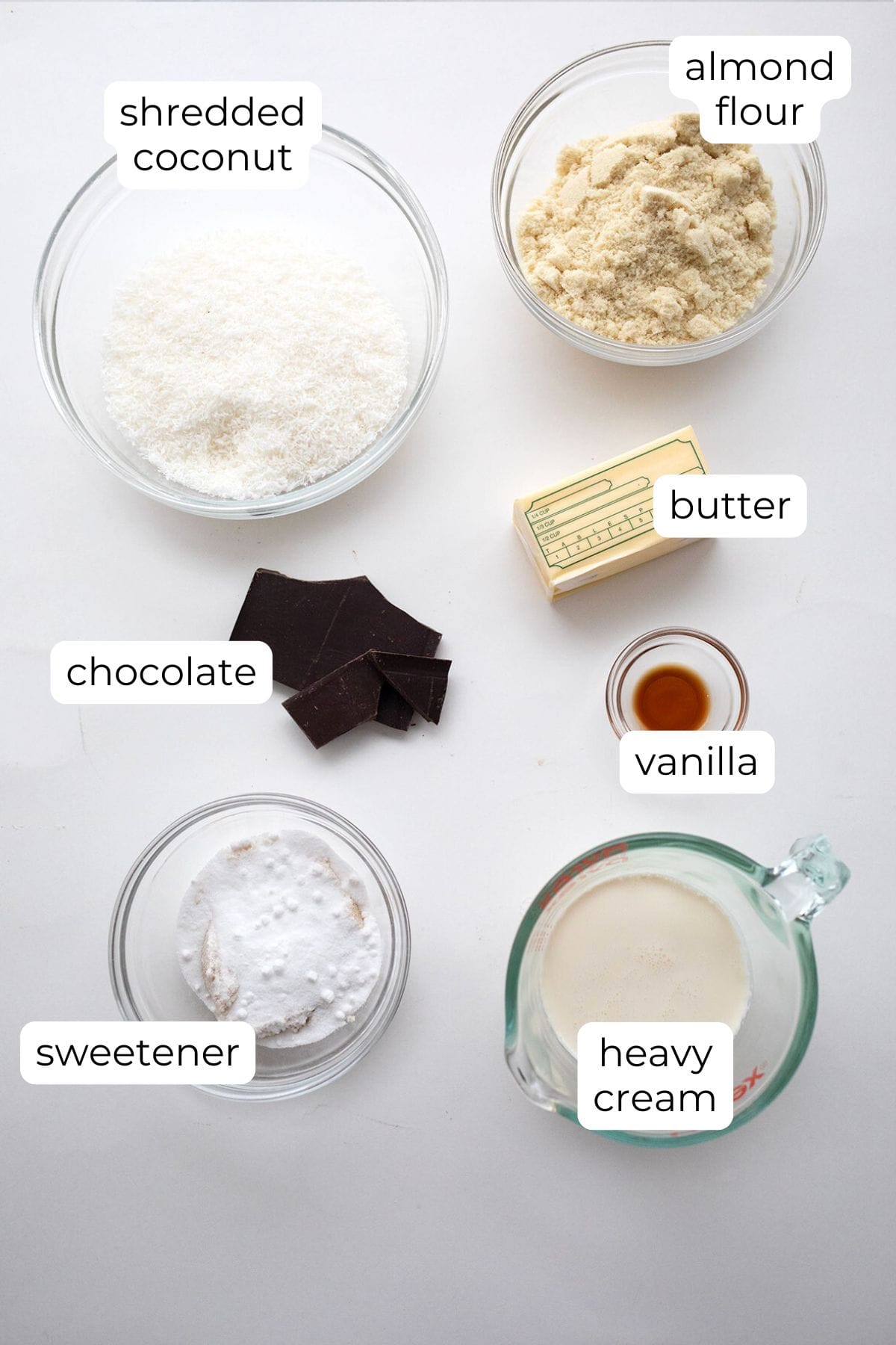 Top down image of ingredients needed for Keto Samoa Cookie Bars.