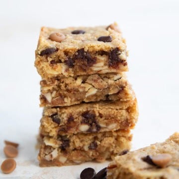 A stack of keto butterscotch bars on a white table.