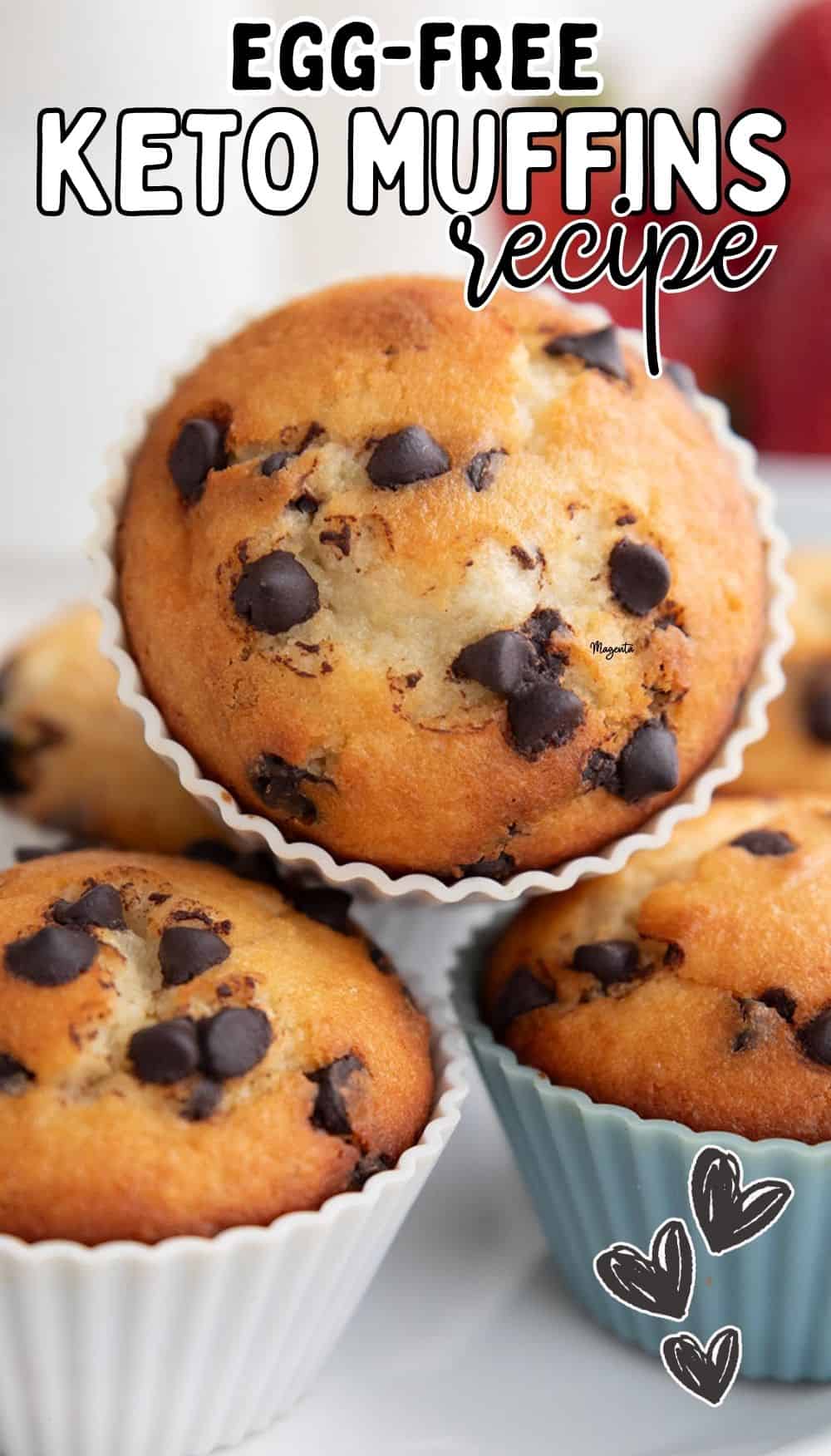 Titled image of egg-free keto muffins with chocolate chips on top on a white plate.