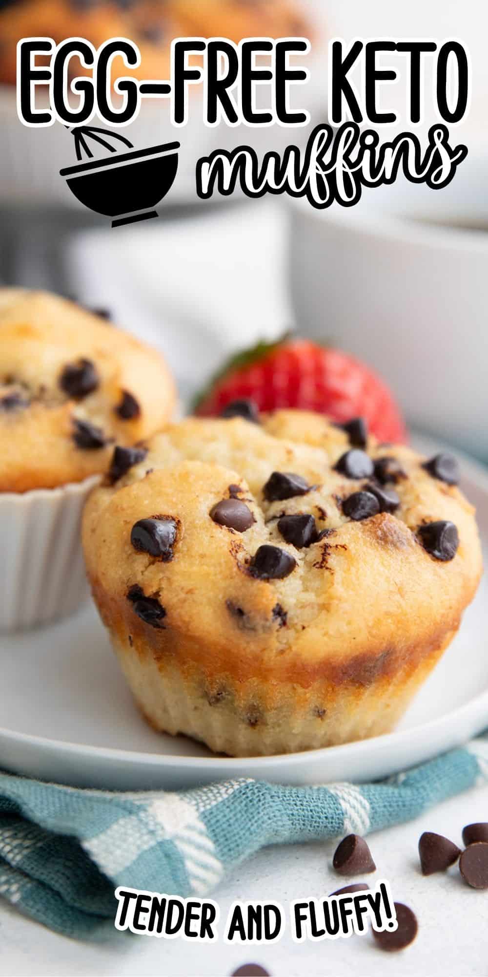 Titled Pinterest image close up of an egg free muffin on a small white plate.