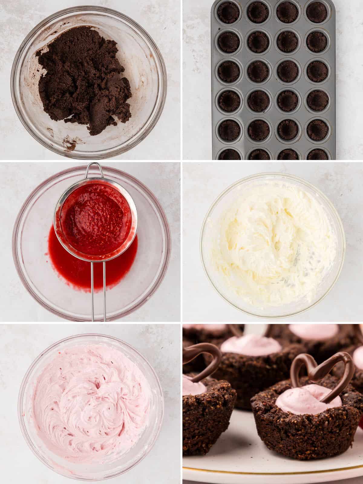 6 image collage showing the steps for making Keto Raspberry Cheesecake Cups.