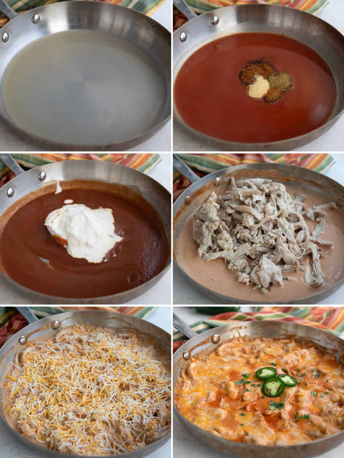 A collage of 6 images showing the steps for making Chicken Enchilada Skillet.