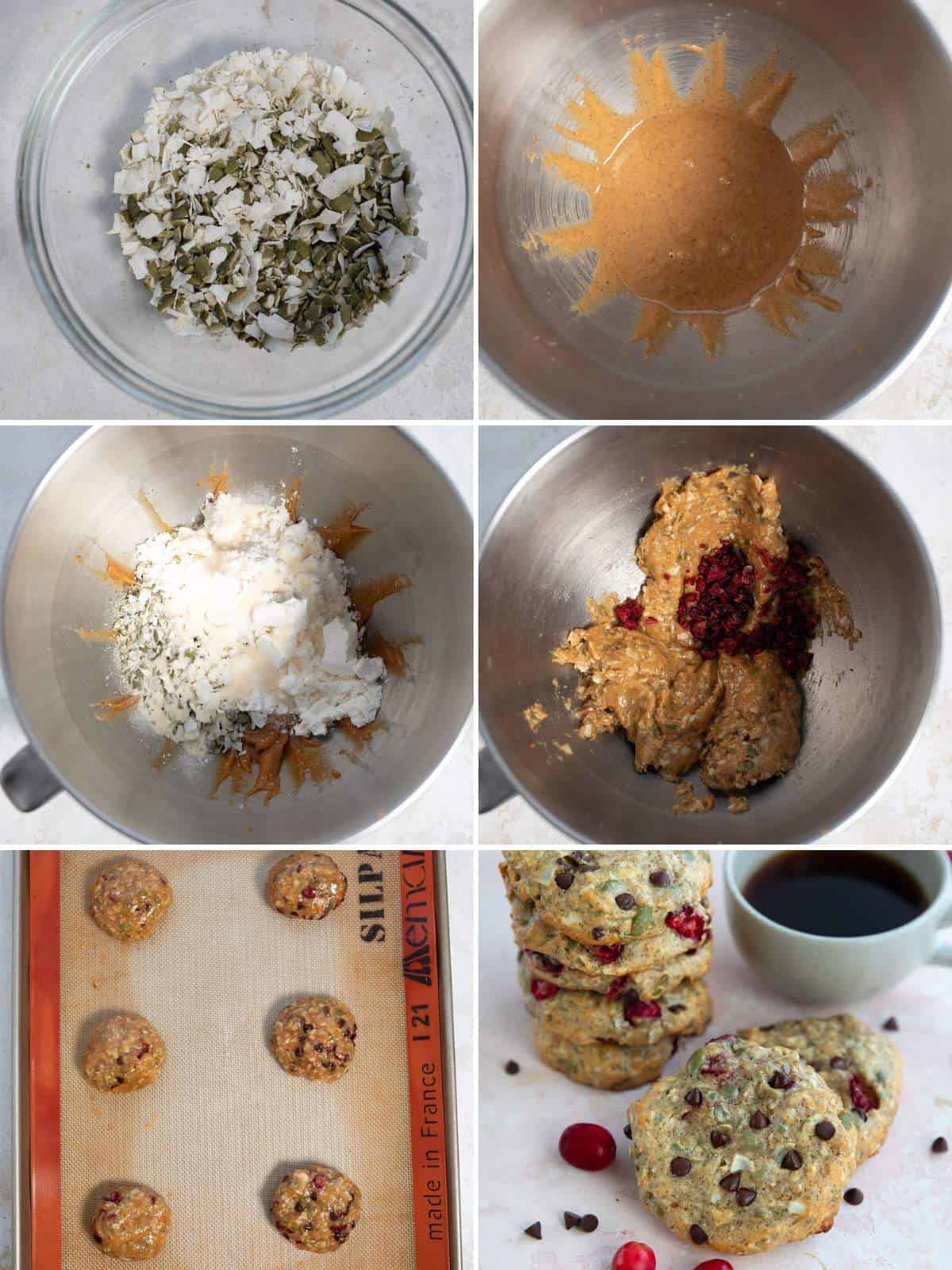 A collage of 6 images showing the steps for making Protein Breakfast Cookies.