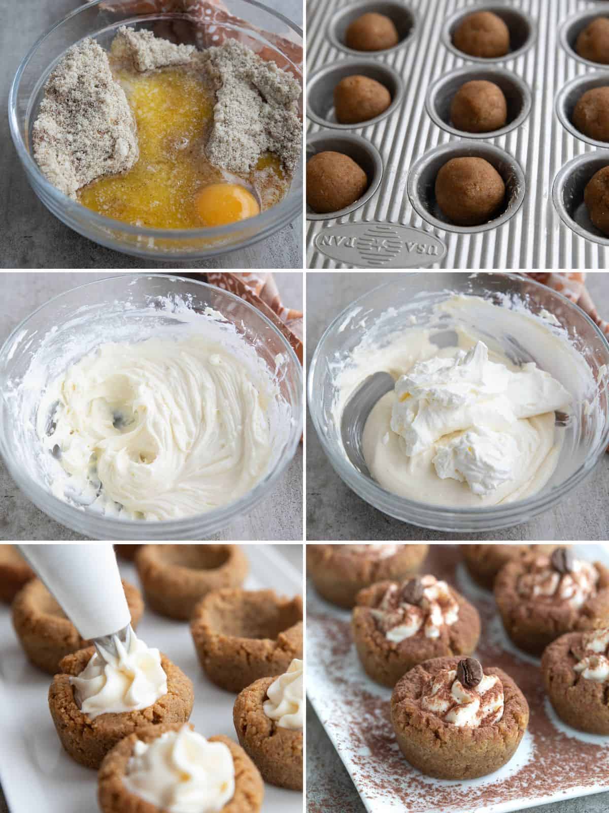 A collage of 6 images showing how to make Keto Tiramisu Cookie Cups.