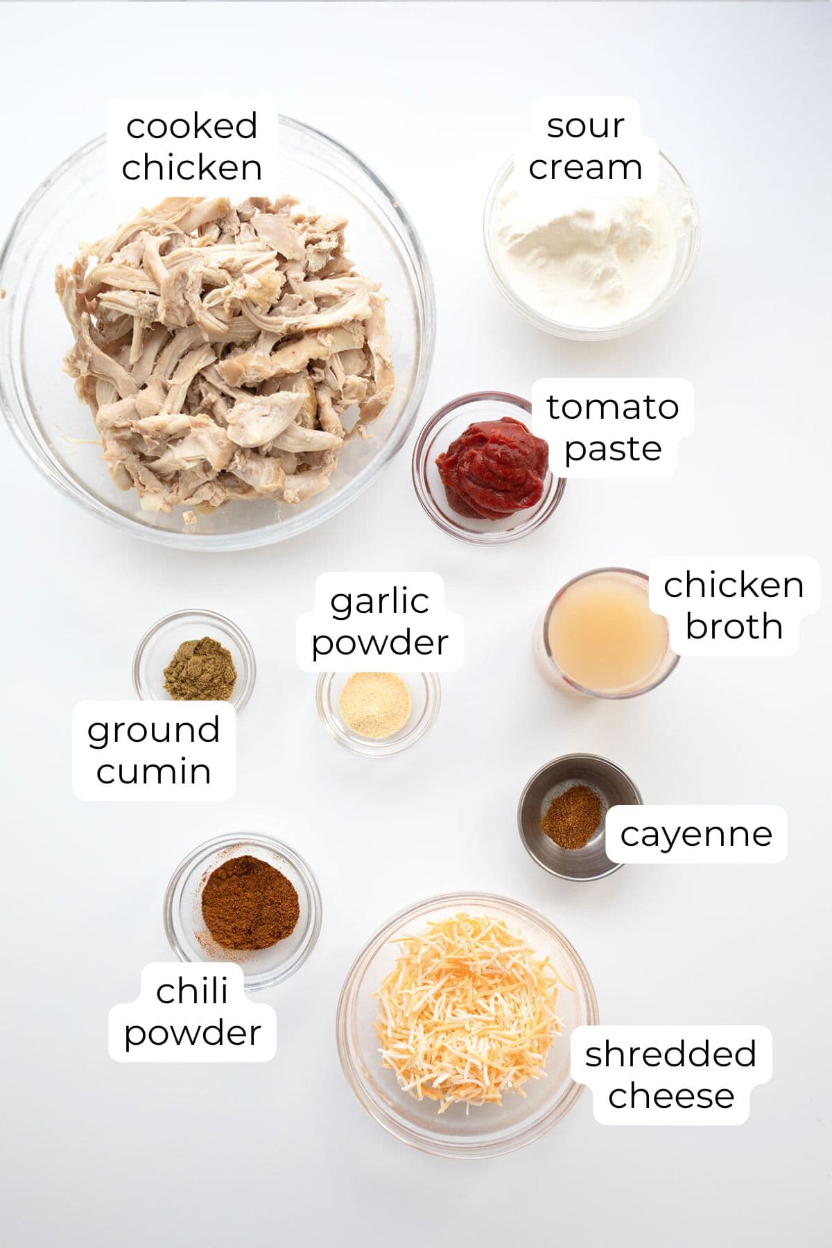 Top down image of ingredients for Chicken Enchilada Skillet.