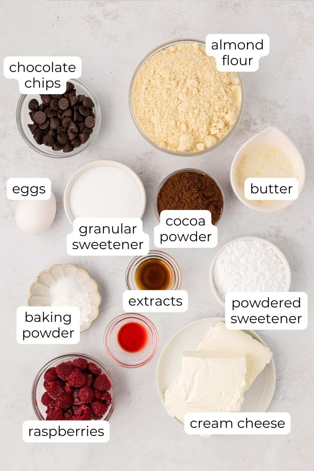 Top down image of ingredients needed Keto Cheesecake Cookie Cups.