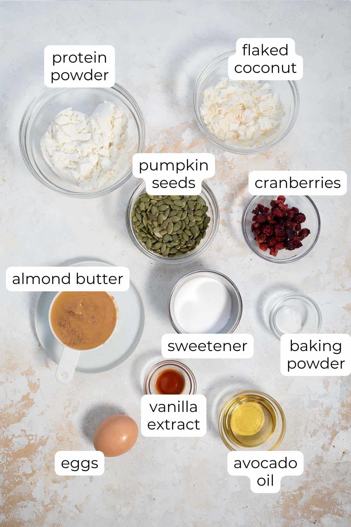 Top down image of the ingredients needed for Protein Breakfast Cookies.