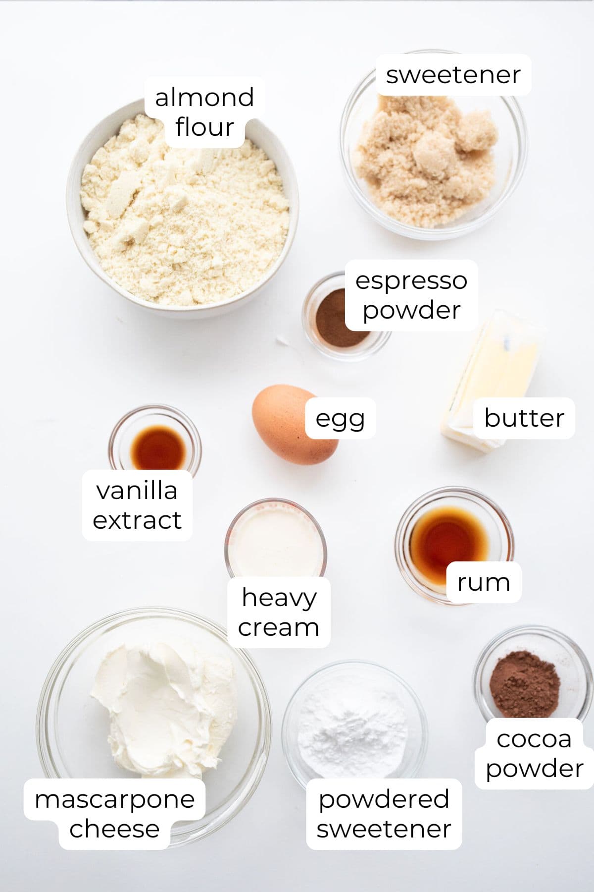 Top down image of ingredients for Keto Tiramisu Cookie Cups.