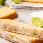 Titled image of two slices of Keto Key Lime Pound Cake on a white plate.