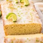 Titled image of Keto Key Lime Pound Cake on a wire cooling rack.