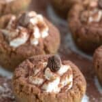 Titled Pinterest image for Keto Tiramisu Cookie Cups on a white platter, sprinkled with cocoa powder.