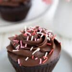 Titled image of a keto air fryer chocolate cupcake on a small plate with flowers in the background.
