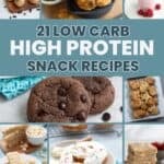 A collage of 8 images for Low Carb High Protein Snack Recipes with the title in the center, on a teal background.