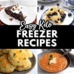 A collage of 8 photos of freezer-friendly keto recipes with the title in the center.